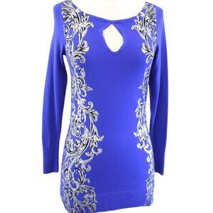 Cache Vintage Blue and silver embellished cut-out neckline long top